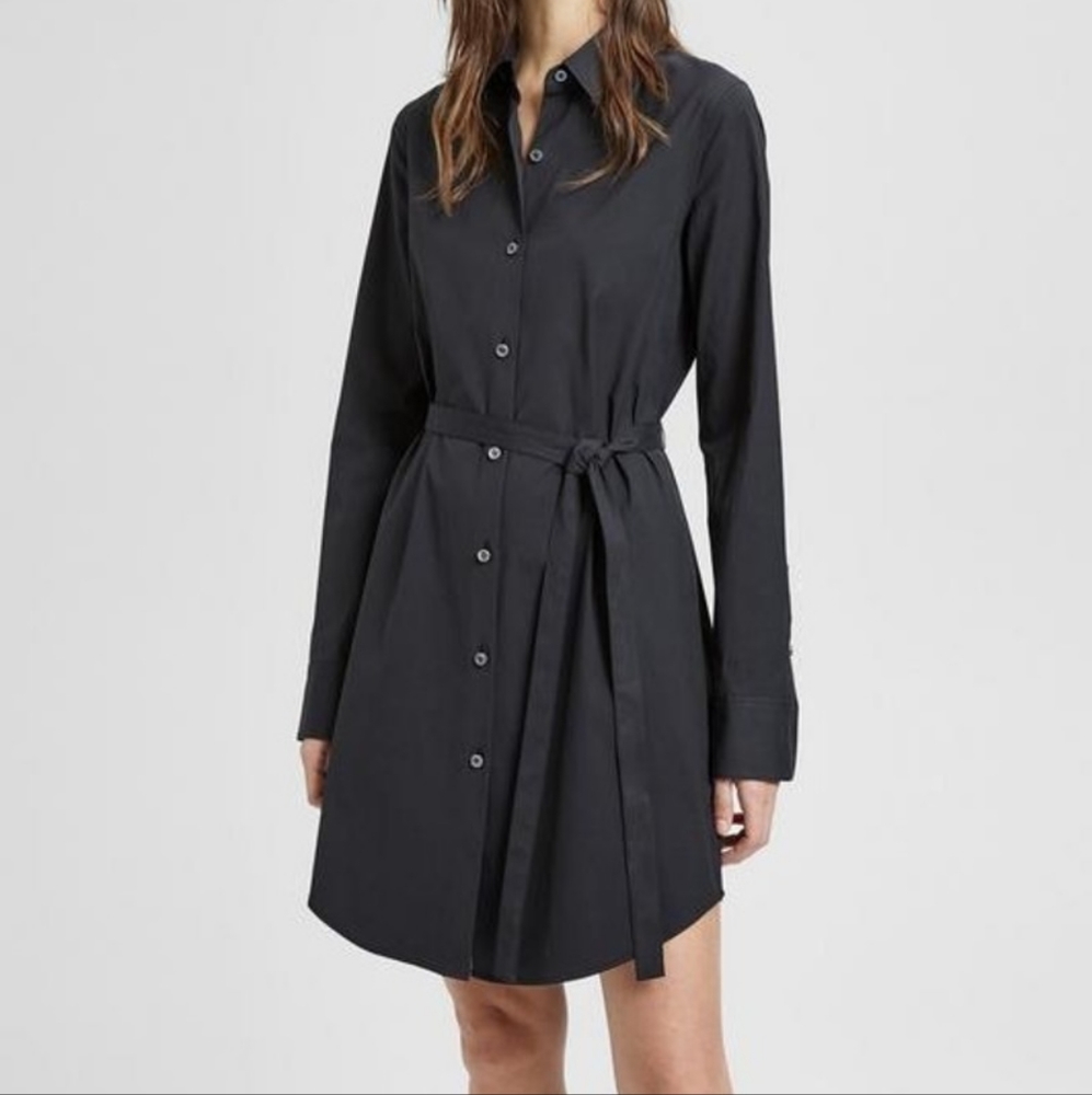 Theory Clean Belted Shirt Dress in True Black